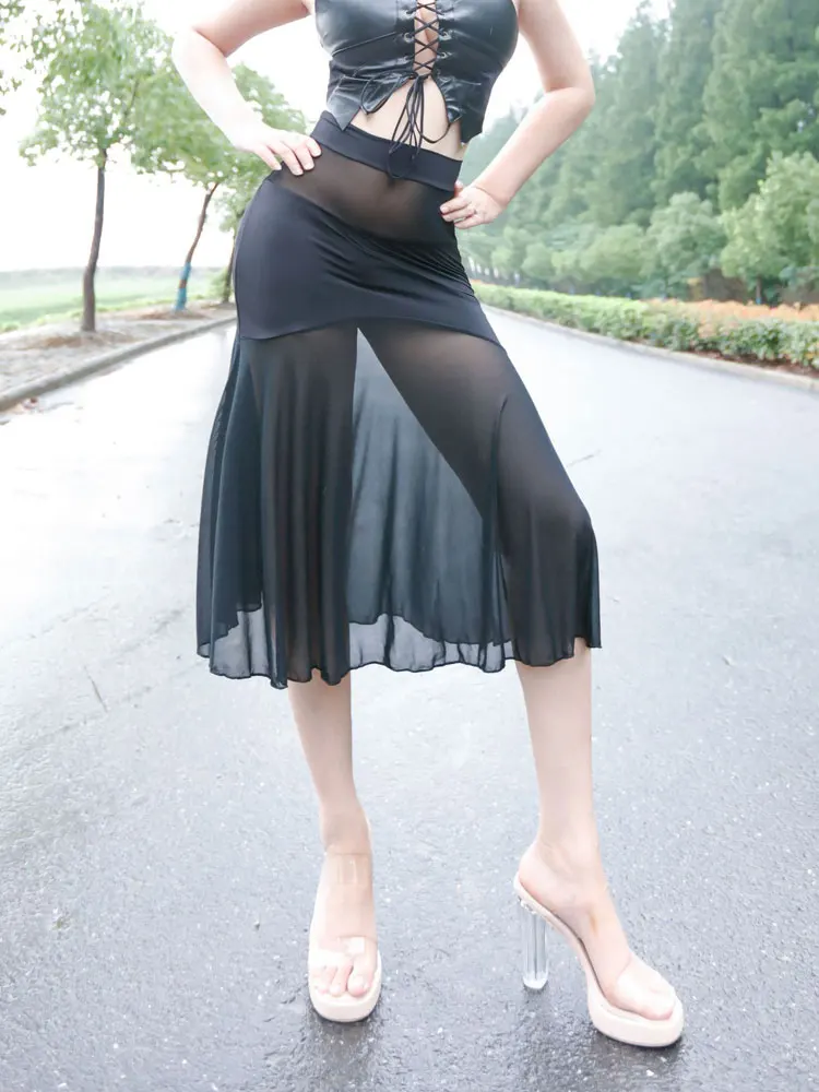 High Waisted Wrap Hip Skirts Mesh Transparent Night Clut Outfits Women\'s Elegant A-line Dresses Sexy Long Skirts Woman Clothing