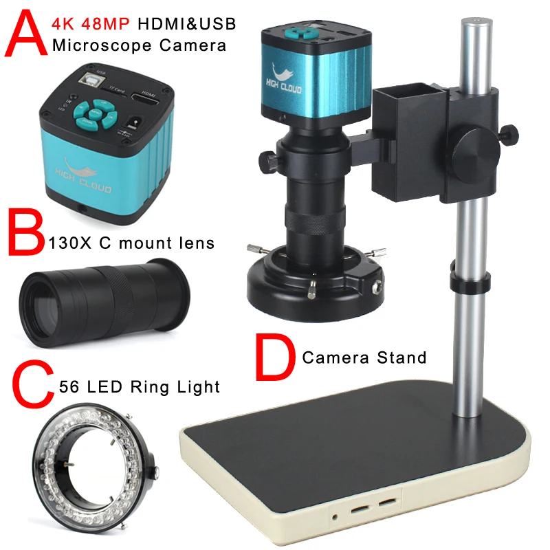 48Mp 4K 2K 1080P Hdmi Usb Electronic Digital Video Microscope Camera 10-130X Zoom C Mount Lens 56 Led Light Per Lab Pcb
