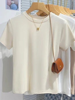 تي شيرتات قصيرة الاكمام للنساء الكورية نمط ملابس امرأة الصيف سليم الأساسية بلايز 2025 القطن بلايز س الرقبة عادية تيز الإناث
