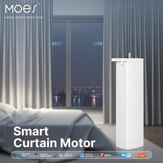 MOES WiFi/Zigbee สมาร์ทผ้าม่านมอเตอร์ไฟฟ้าผ้าม่านที่เปิด Super Silent สําหรับม่านรีโมทคอนโทรลใช้งานร่วมกับ Alexa 1