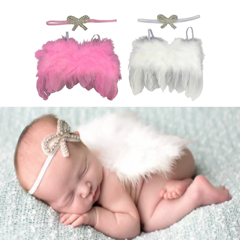 

2PCS Newborn Photography Props Feather Wing & Bowknot Headband Cute Headdress Baby Photoshoot Props Infant Angel Costume