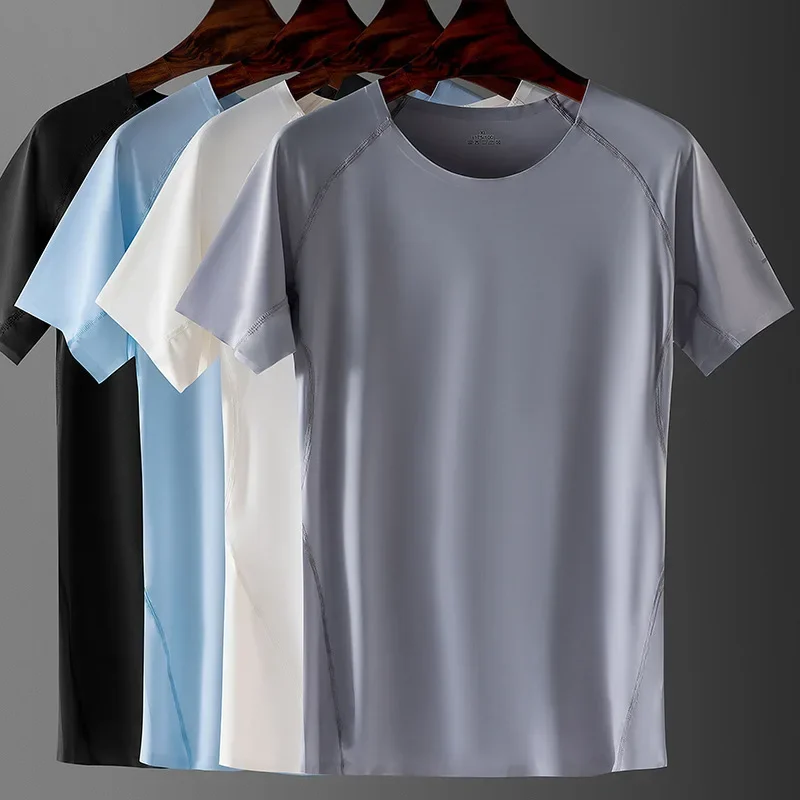 Summer Men Ice Silk Shirt Short Sleeves Seamless Round Neck Top Bodybuilding Thin Elastic Breathable Undershirt Pullover