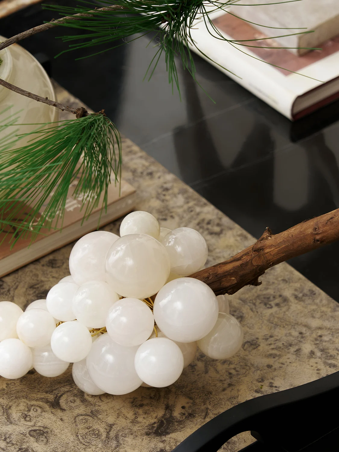 아르데코 중국풍 빈티지 거실 장식품 상자 포도 과일 조각 비취 티 테이블 캐비닛 샘플룸 장식품