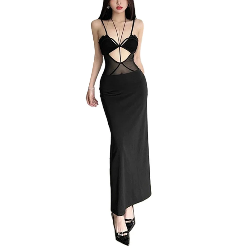 Summer Dress Women Sexy Solid Color Hollow Out Spaghetti Strap Sleeveless Mesh Bodycon Dress Evening Party Dresses