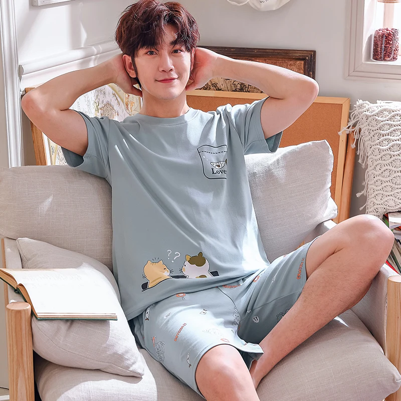 Cotton Summer Thin Men's Pajamas Set Plus Size Short Sleep Tops Pant Sleepwear Suit Male Home Suit Homewear Casual Pyjamas