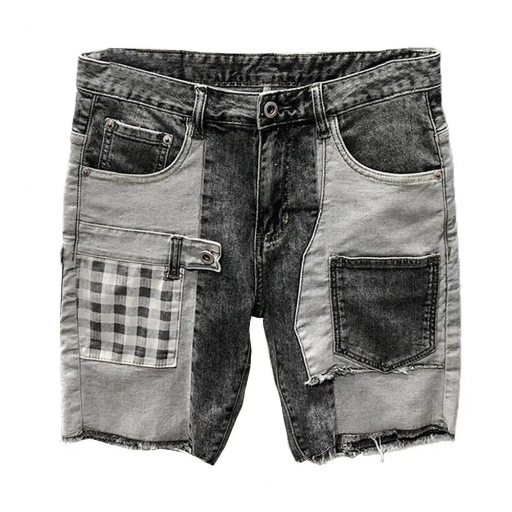 Patchwork Color Denim Shorts Summer Men's Denim Shorts with Multiple Pockets Baggy Ripped Jeans Streetwear Style for Casual Wear men jeans