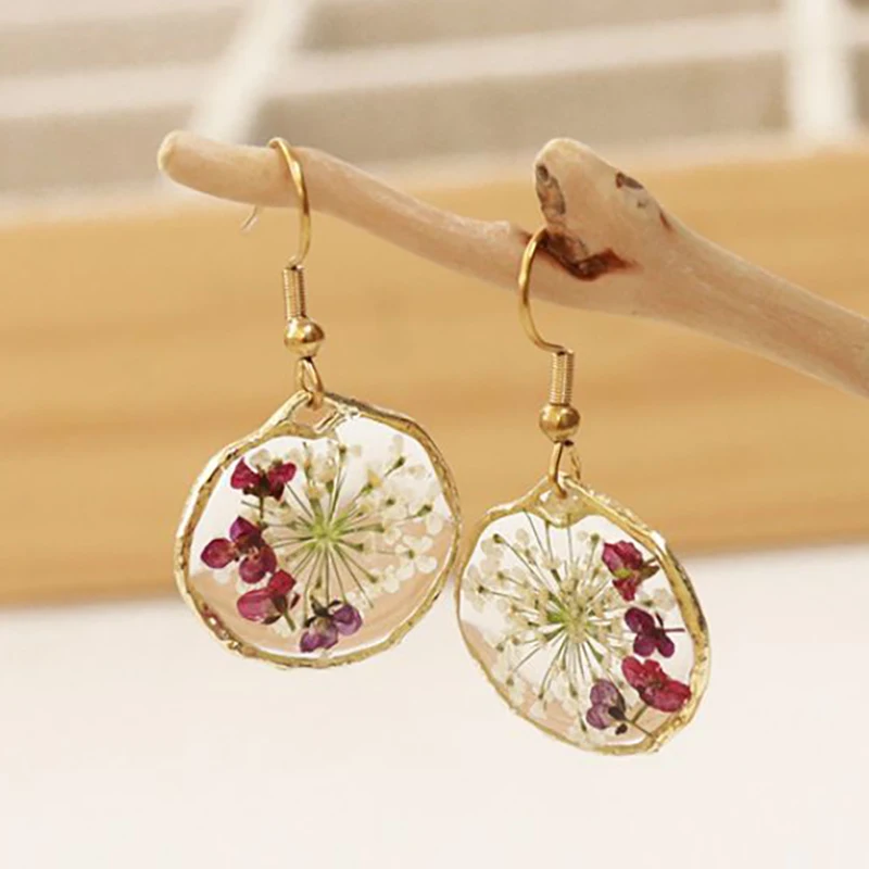 Elegant Round Earrings Women Unique Pressed Flower Earrings Handmake Epoxy Resin Natural Flower Leaf Earring Wholesale Jewelry epoxy resin making tools uv epoxy resin casting making jewelry finding set measure cup glue cup dropper stirring stick tools