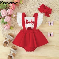 Prowow Baby Bodysuit Dress For Newborns Sleeveless Patchwork Letter "Baby" Red Romper Infants Onesies Baby Girl Summer Clothes