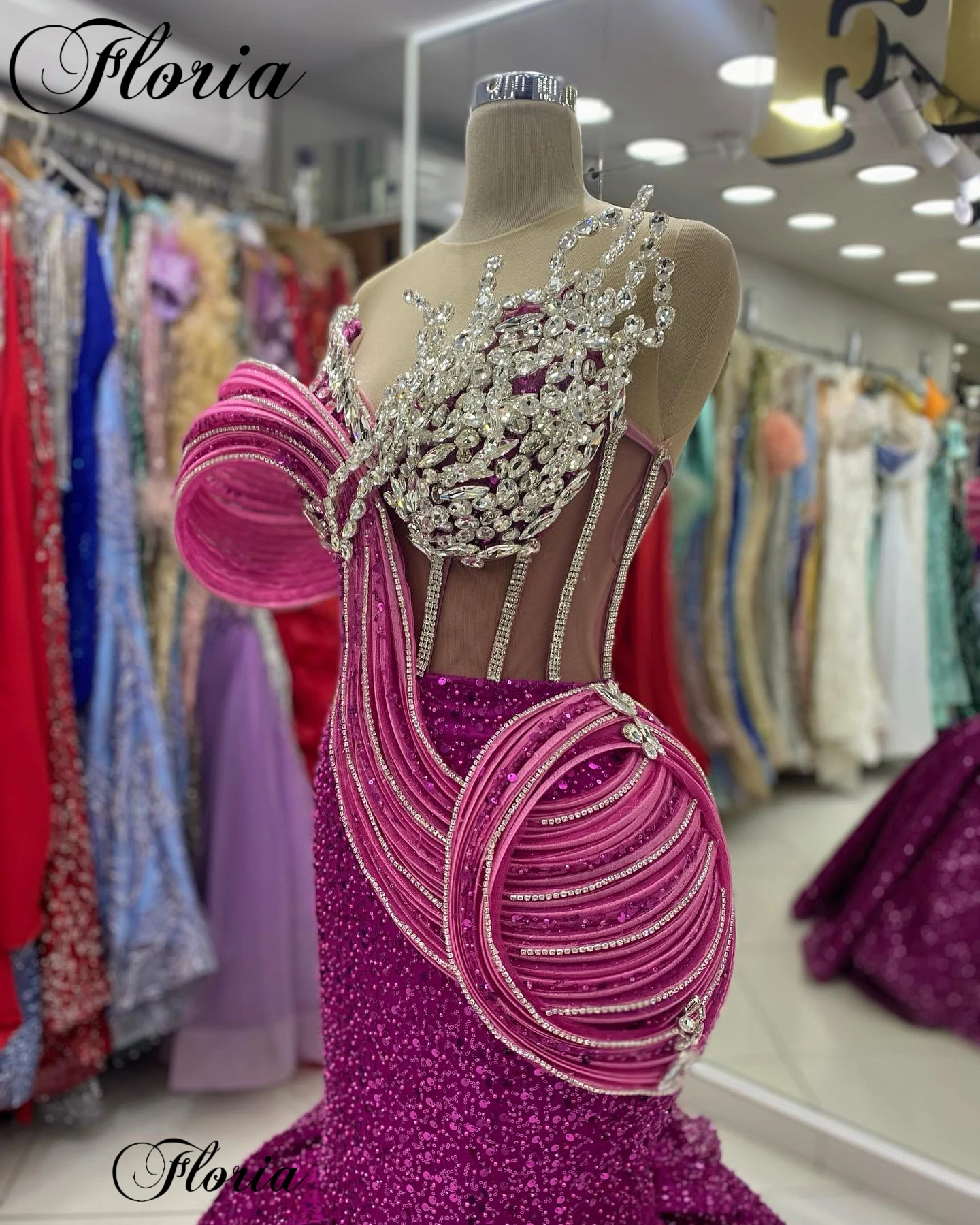 Fuchsia Sparkly Evening Dresses Mermaid Special Crystals Prom Party Dresses Luxury Vestidos Para Mujer Designer Coutures