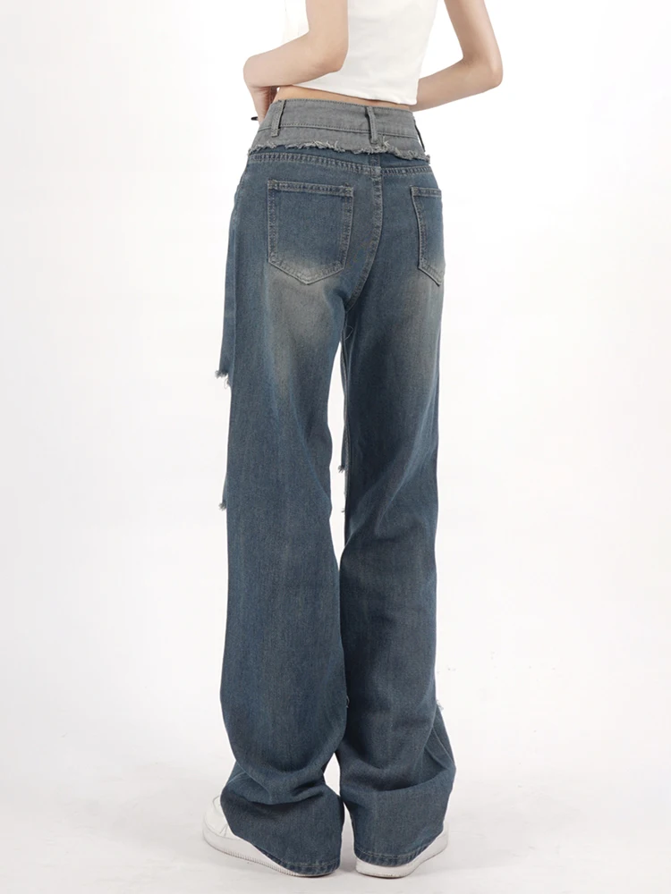 Streetwear Straight Pants Ripped Jeans Mid Waist Loose Wide Leg Holes Hollow Out Pants Women Jeans Y2K Summer Patchwork Trousers