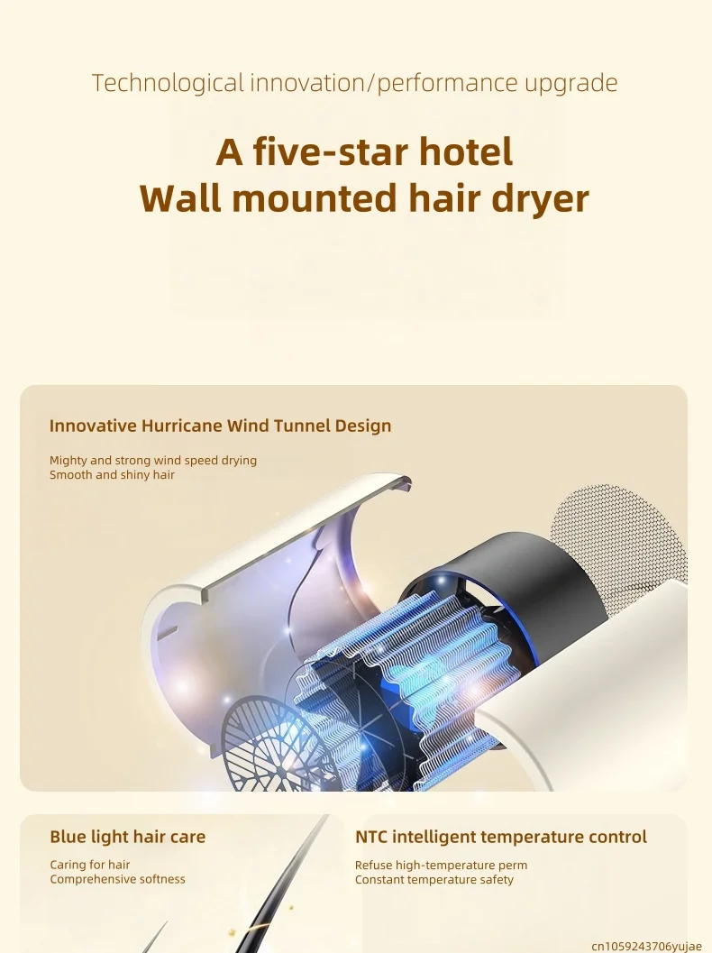 Blue Light Negative Ion Wall Mounted Hair Dryer 1800W High-Power Non-Punching fo