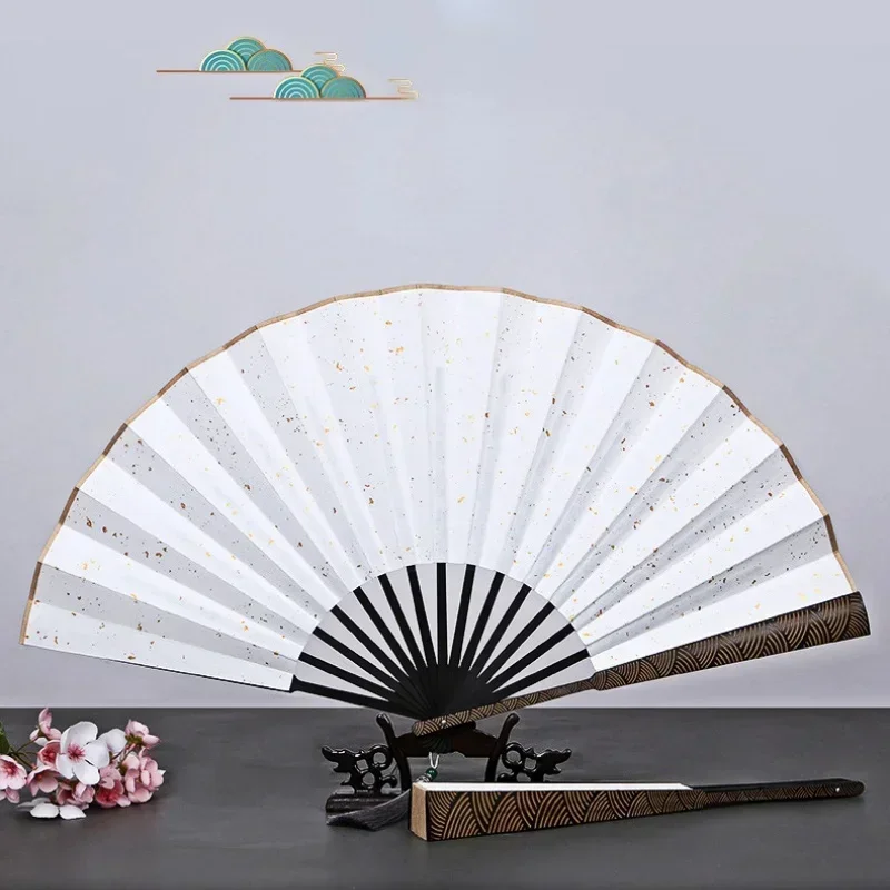 New Chinese Style Hand Fan Cloud Pattern Carved Gold Sprinkling Waterproof Raw Silk Antique Tassel Men And Women Dance Fans