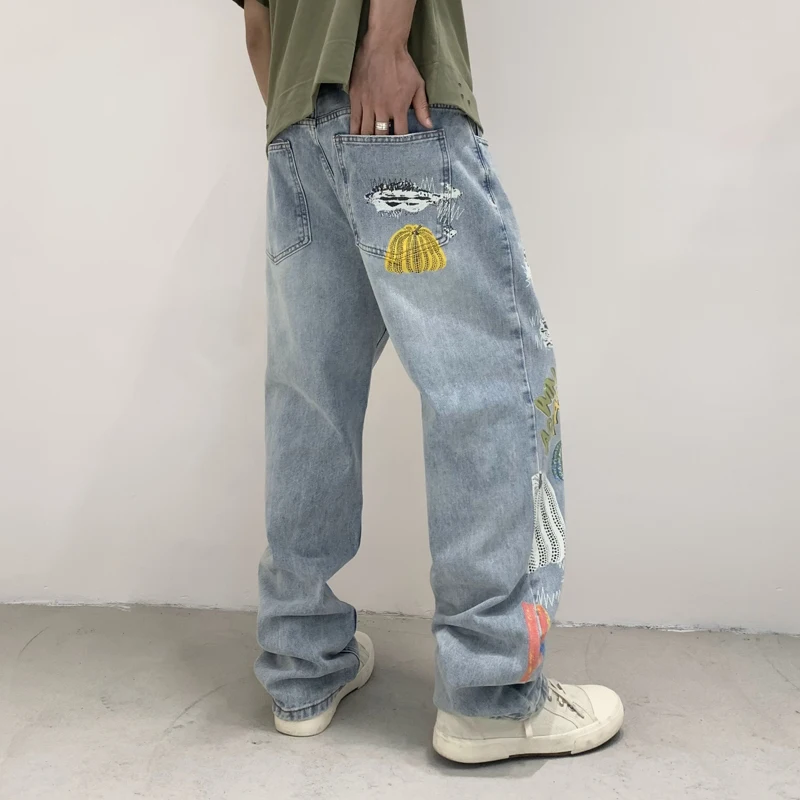 Street Trendy Personality Light Blue Pumpkin Pattern Denim Pants For Men Graphic Letter Printed New Jeans Male