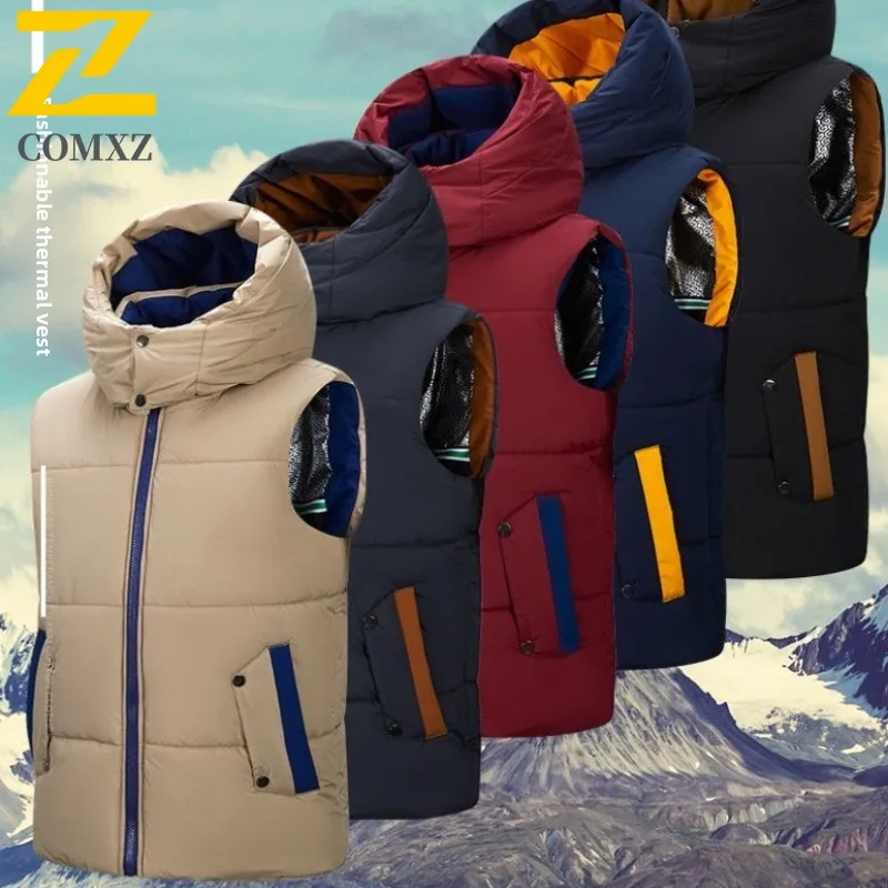 COMXZ Men Graphene Heated Vest Winter Thermal Hooded Sleeveless Jacket Fleece Lined Thicken Sportswear Outdoor Casual Waistcoat