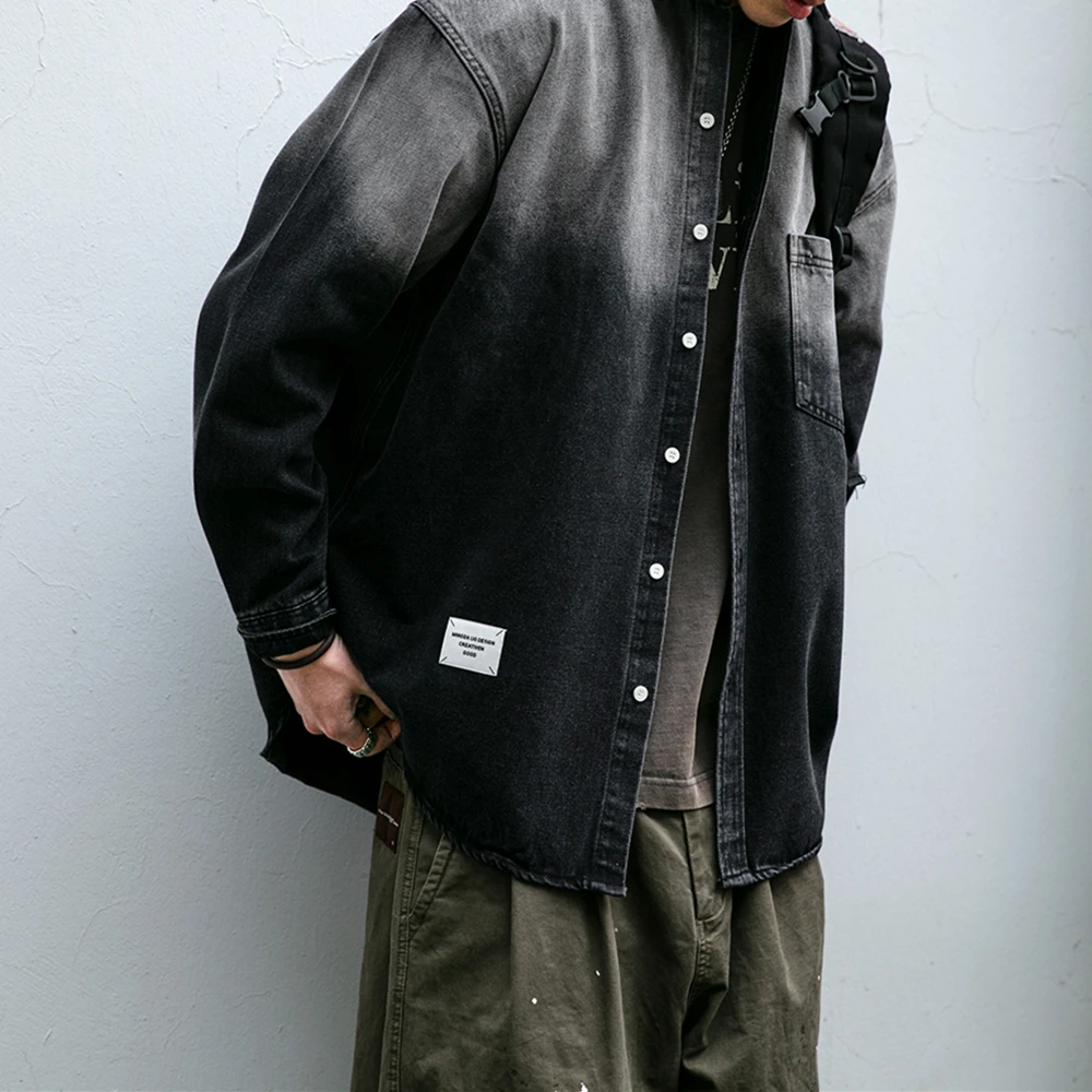 Korean fashion washed gradient denim shirt for men clothing Streetwear Harajuku casual coat Long sleeve