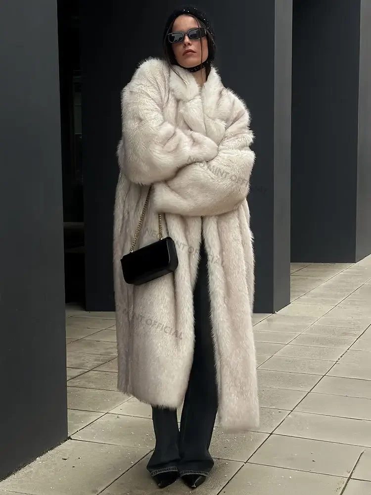 Neo Mint 2024 Winter Warm Fluffy Gradient Eco Fur Jacket Women Luxury Long Faux Fox Fur Coat Street Furry Outerwear Overcoat 4
