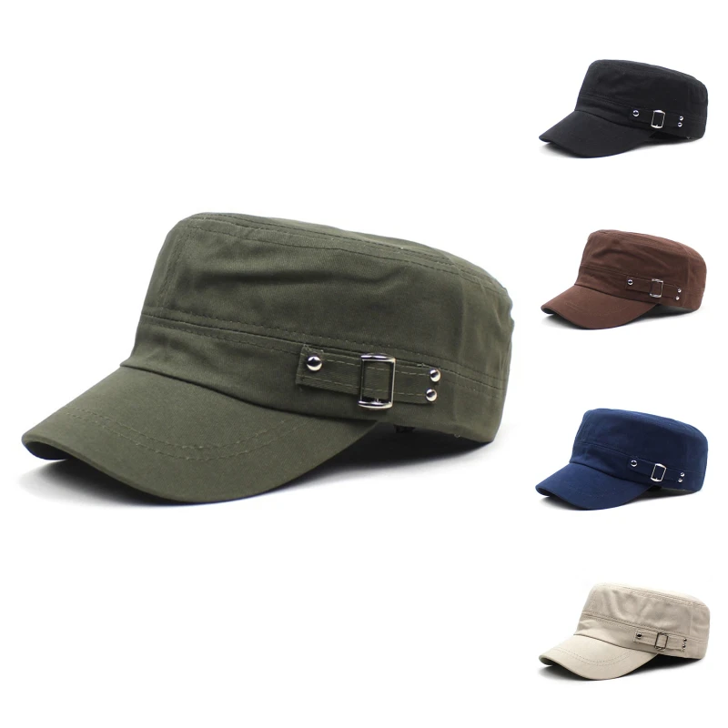 Armee-Kappe im Militärstil für Herren und Damen, reine Farbe, gewaschene Baumwolle, flache Oberseite, Sommer- und Herbst-verstellbare Visiermütze – Detail 3