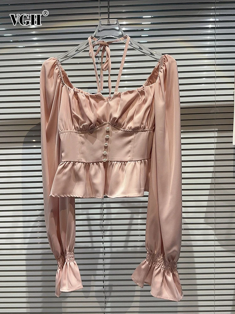 

VGH Solid Patchwork Lace Up Elegant Shirt For Women Square Collar Flare Sleeve Spliced Button Temperament Blouse Female Fashion