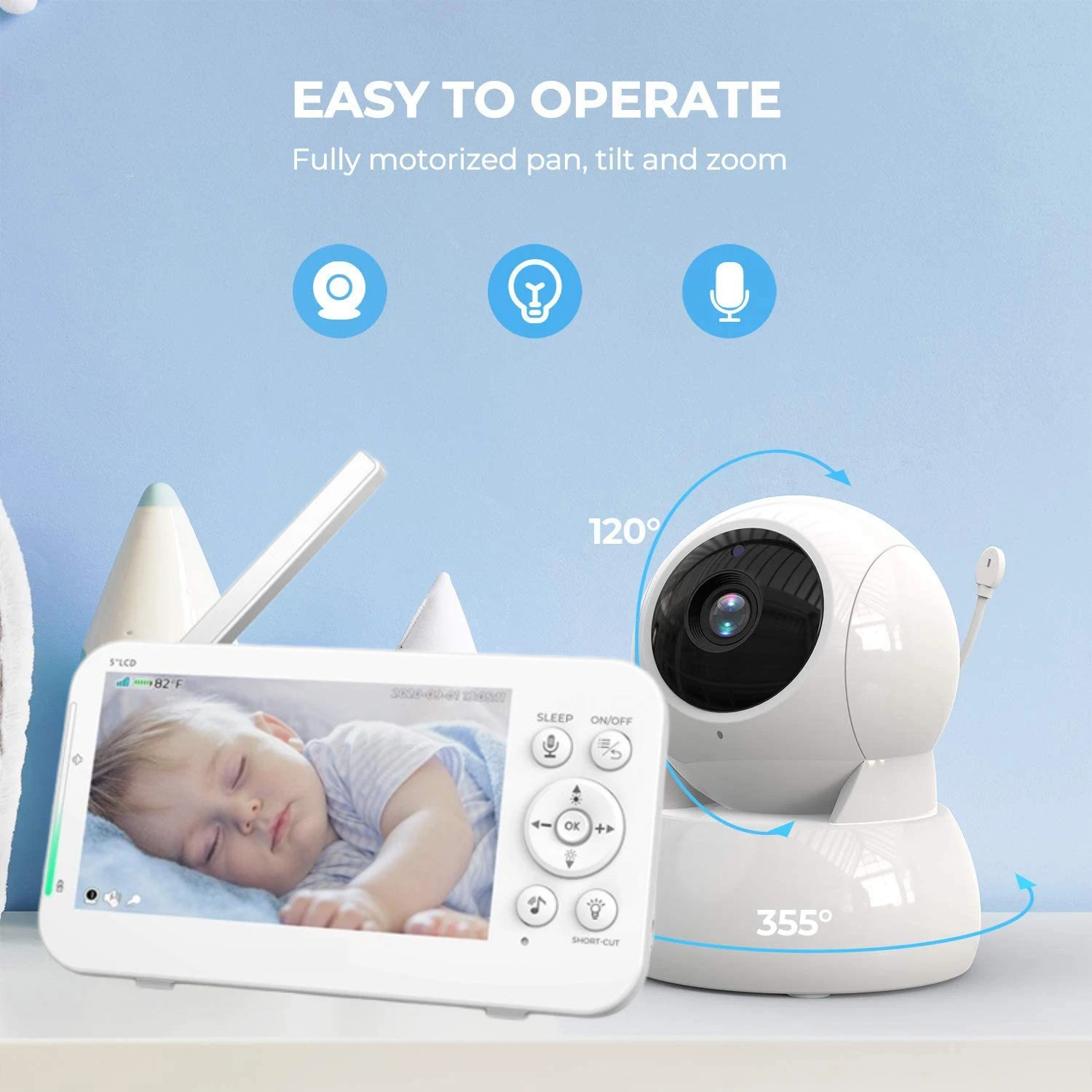 

Smart Baby Monitor, 5-Inch TFT LCD, Lullaby Player Camera, Two-Way Audio Talk, Temperature Monitor Built-in 5200mHA battery