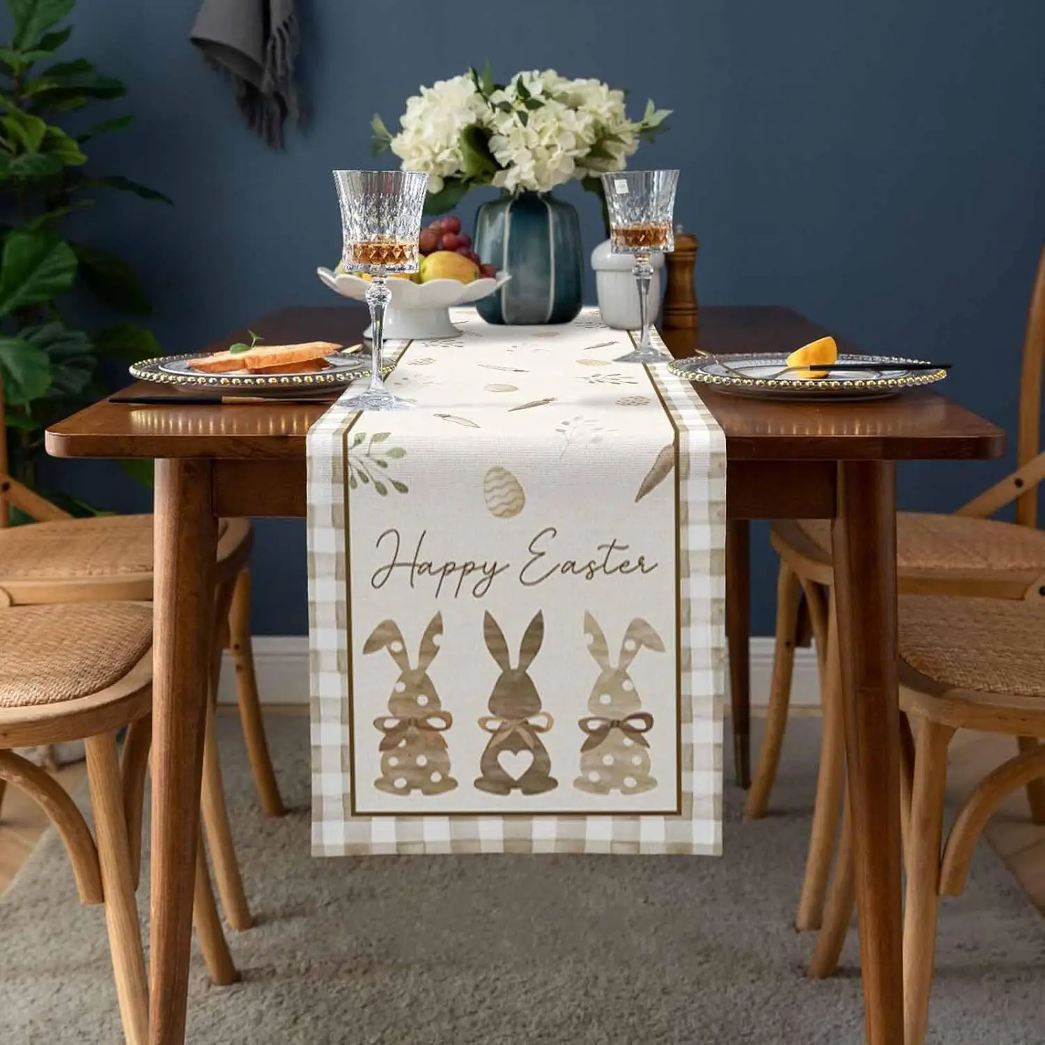Happy Easter Bunny Egg Linen Table Runner Holiday Party Decor Spring Carrot Plant Plaid Table Runners Kitchen Dining Table Decor 2