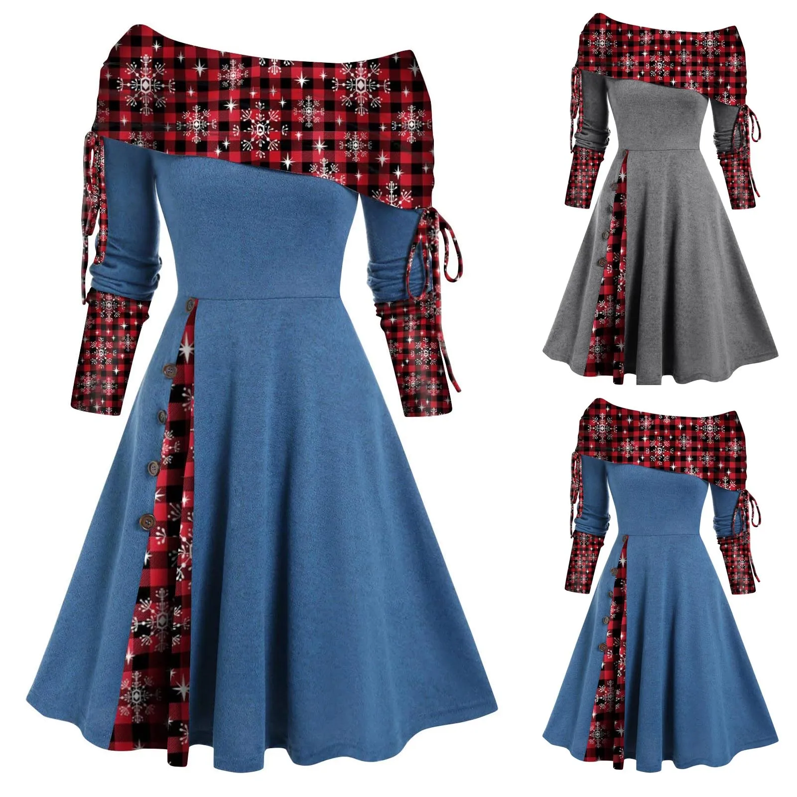 

Long Sleeve Colorblock Dress Christmas Dress Tree Snowflake Print Cinched Godet A Line Mini Robe For Women New Yeas Red Robes