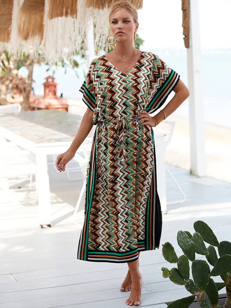 Boho Dress V neck Belt Print Rayon Beachwear Beach Dress Cover ups 2023