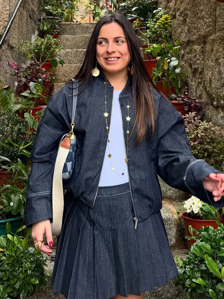 HH Women Fashion Denim Jacket Skirts Sets O Neck Long Sleeve Zipper Coat High Waist Slim Mini Skirt Casual Female Streetwear