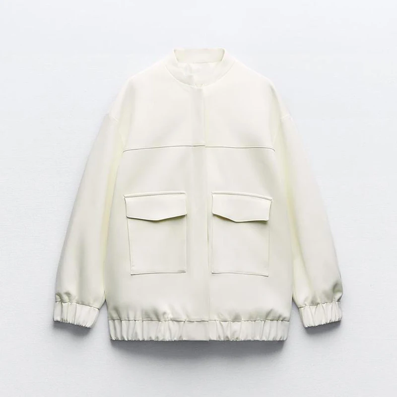 

New Pocket Long Jacket For Women 2024 Autumn Winter Streetwear Loose Stand Collar Bomber Jacket Female Button All-Match Coat