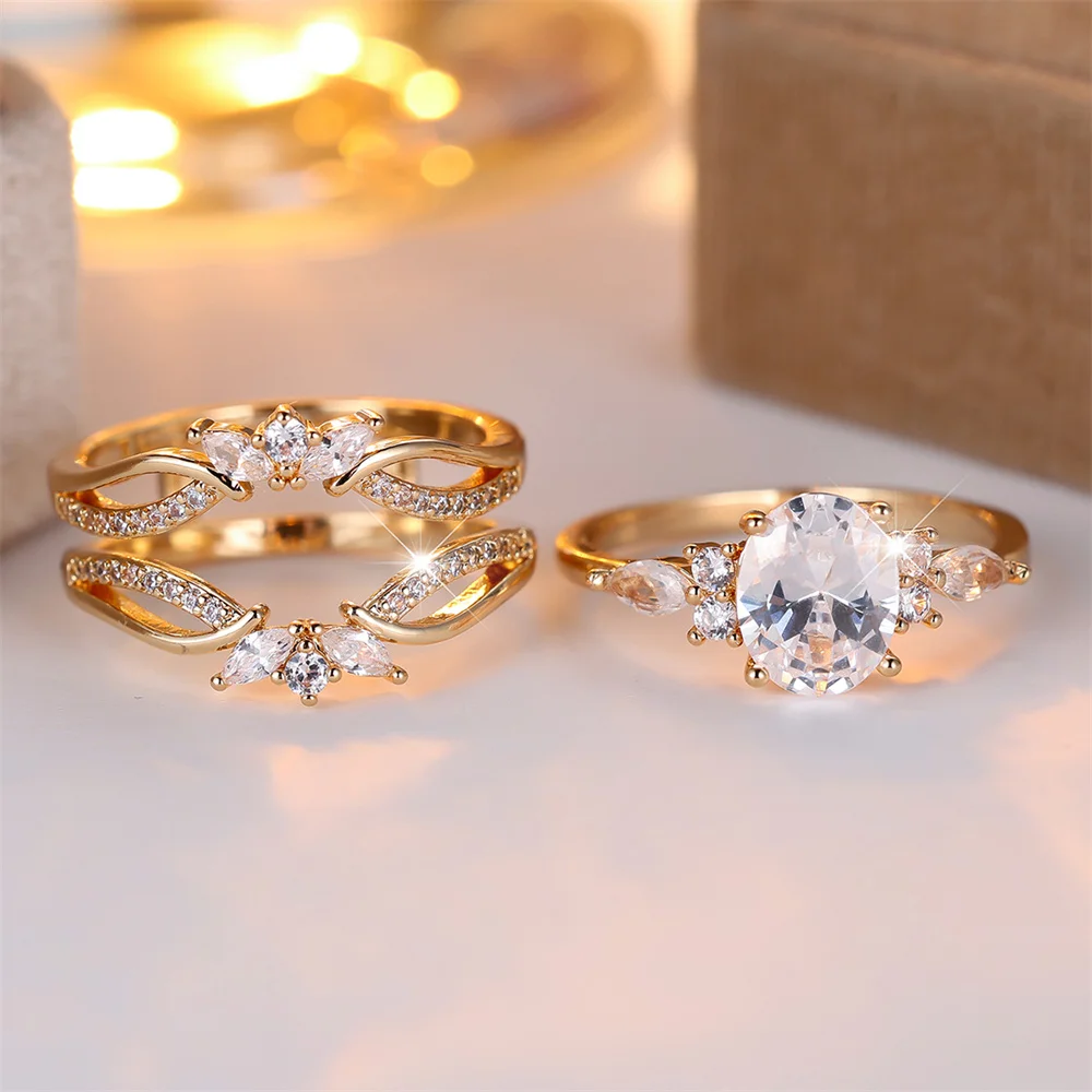 White Zircon Oval Stone Cute Flower Ring Sets For Women Vintage Gold Color Engagement Bands Wedding Jewelry Set Versatile Gifts