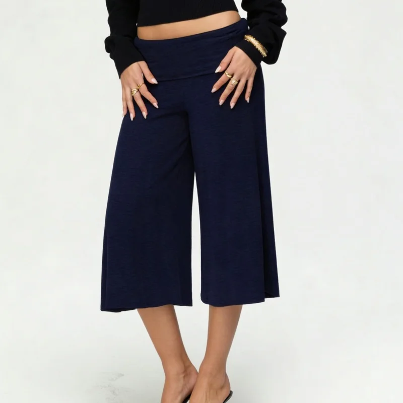 Women's Flowy Fold Over Capri Pants with Ruffle Hem and Elastic Waist
