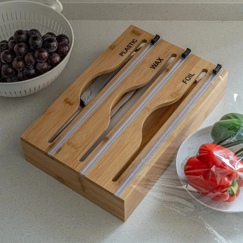 

New 3 in 1 Bamboo Wrap Organizer with Cutter and Labels Plastic Wrap Aluminum Foil and Wax Dispenser for Kitchen Storage
