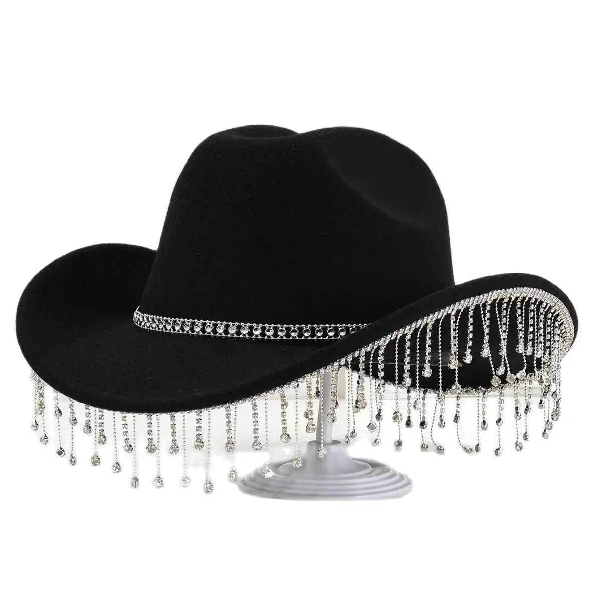 Western Cowboy Party Bridal Felt Water Diamond Chain Tassel Pendant Ball Top Hat Water Drop Gem Unique Sunshade Hat