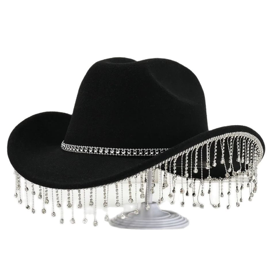 Western Cowboy Party Bridal Felt Water Diamond Chain Tassel Pendant Ball Top Hat Water Drop Gem Unique Sunshade Hat