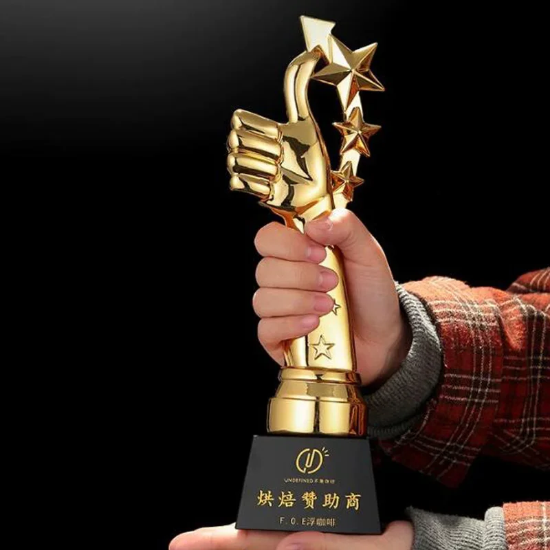 Customized Creative Thumb Pentagram Resin Trophy Souvenir Reward Home Decoration Honor Gold Silver Copper Crystal Base Medal 1Pc