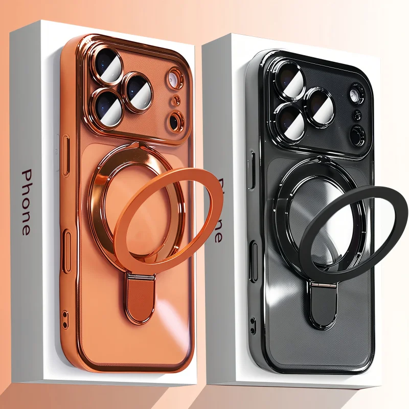 Transparent Wireless Charging Magnetic Case with Lens Protection and Bracket Back Cover