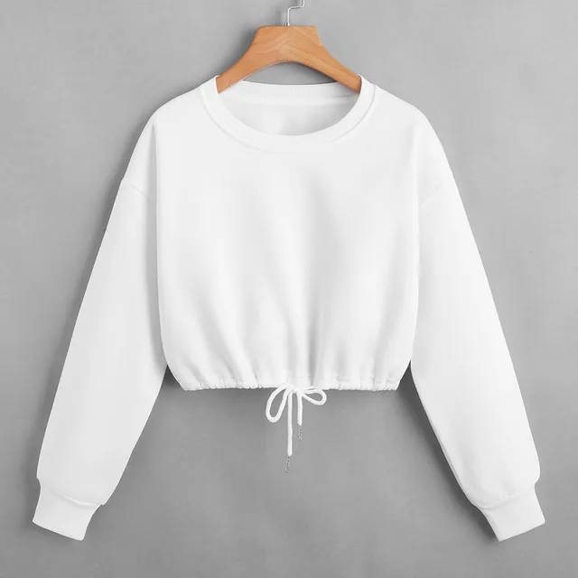 Women Long Sleeve Sweatshirt Fashion Solid Crop Top Soft Daily Loose Drawstring Hem Womens O-Neck Trendy Basic Femme Pullovers 1