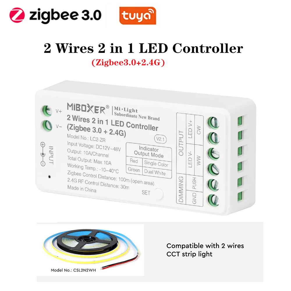 Miboxer Zigbee + 2.4G 2 Fili Cob Color Temperature Strip Controller Tuya 2.4G Single Color Dual White Led Strip Controller