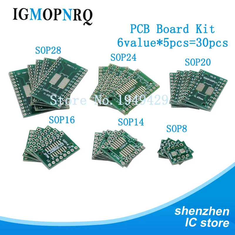 PCB Board Kit SOP24 SOP8 SOP14 SOP16 SOP20 SOP28 SMD to DIP Adapter Converter Plate 30PCS