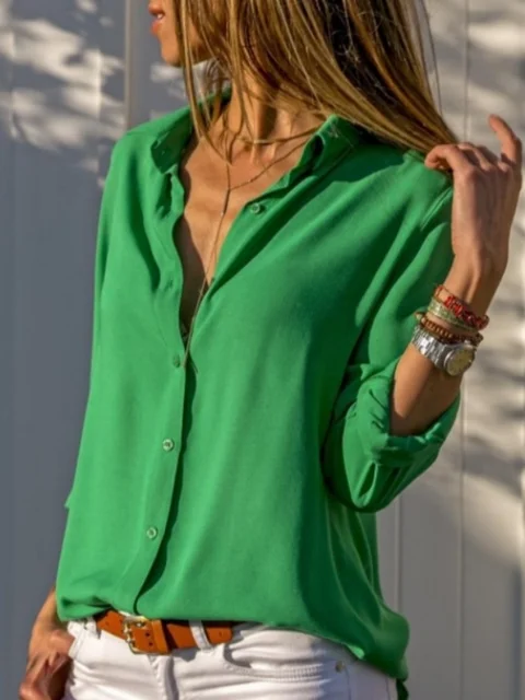 Women’s 2023 Elegant Chiffon Blouse – Loose V-Neck Long Sleeve Top