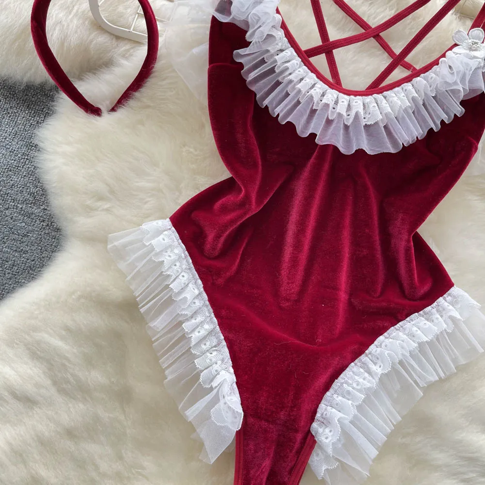 Chillgio Frauen Velours Riemchen Bodys Mode Erotik Anzüge Bodycon rücken freie Kombination Cat suits sexy Spitze Patchwork Stram pler – Detail 8