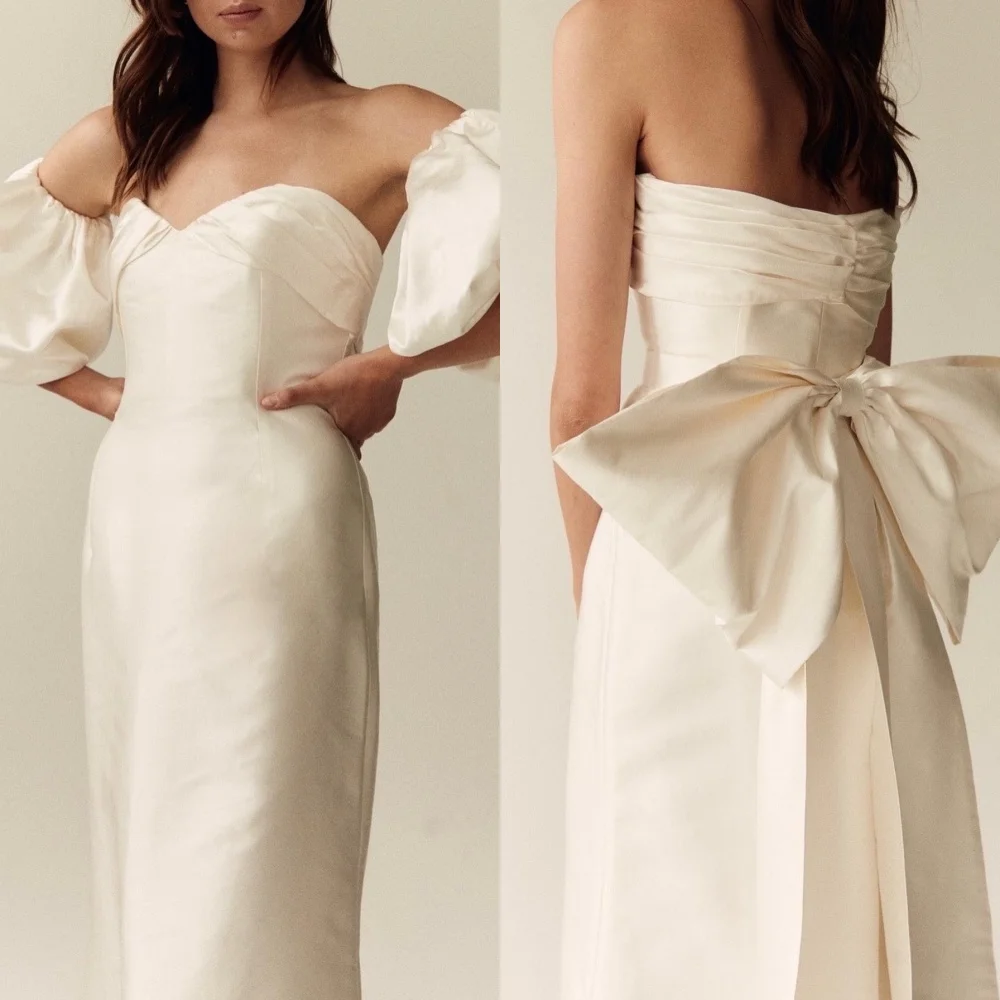 Satin Bow Draped Pleat Quinceanera A-line Strapless Bespoke Occasion Gown Long Dresses