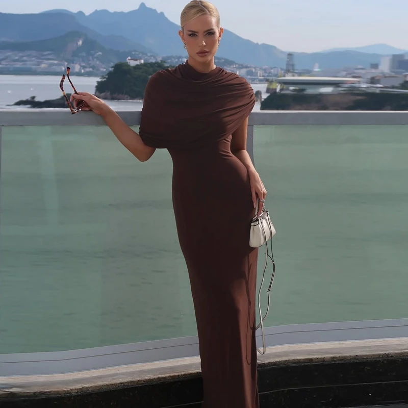 Hugcitar Frauen Mode Rollkragen Solide Kurzarm Unregelmäßige Sexy Geraffte Maxi Prom Kleid Sommer Kleidung Abend Party Geburtstag – Detail 15