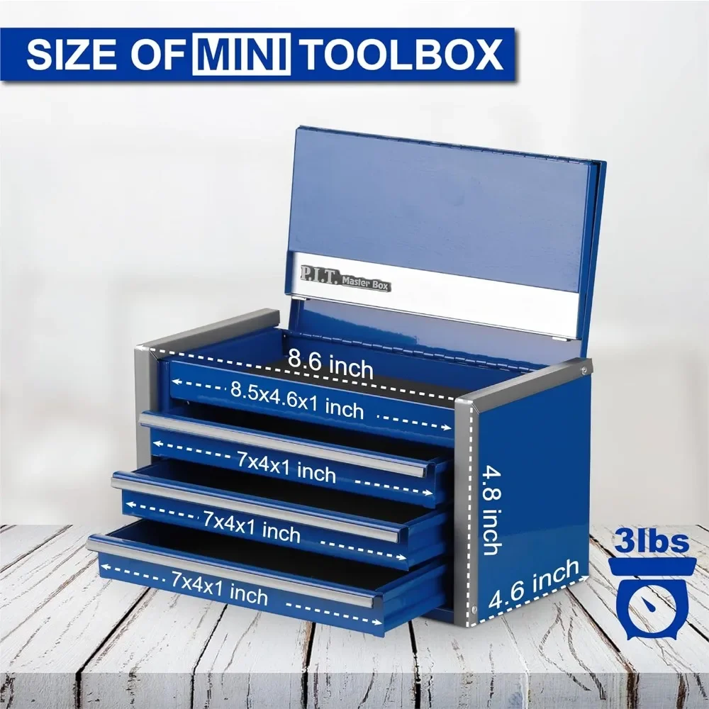 Tool Box Portable 3 Drawer Steel Stackable Tool Box with Magnetic Tab Locking Blue Micro Top Chest with Liner 2