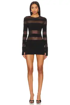 Women's Patchwork Sheer Mesh Stripe Mini Dress, Long Sleeve, Sexy, See Through, Slim, Warm Hip, Short, Partywear, New Arrival 1