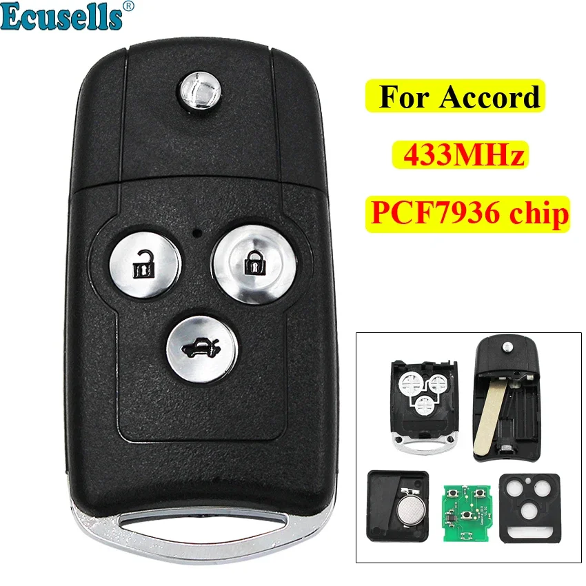 

3 Button Folding Flip Remote Key Fob 433MHZ with ID46 PCF7936 Chip For Honda Accord 2008-2012 Old Civic HON66 Uncut Blade