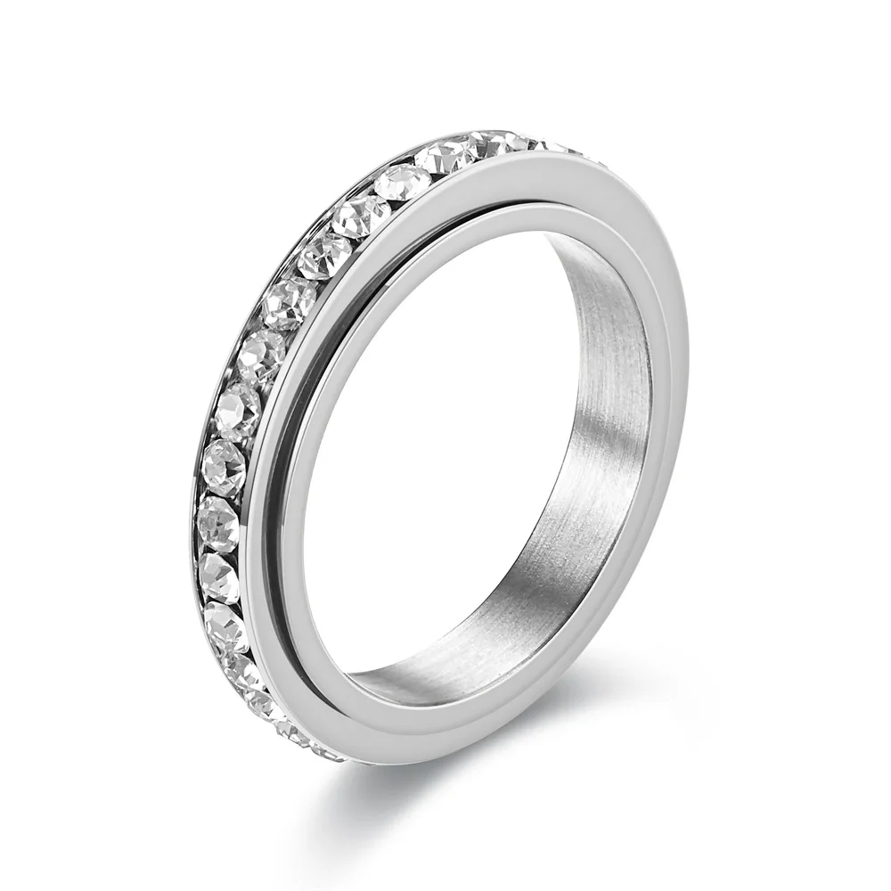 Stainless Steel Spinner Finger Rings For Women 4MM Crystal Rotatable Wedding Ring Men Fashion Anniversary Party Jewelry