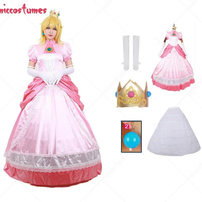 

Miccomes adult peach cosplay costume women cosplay pink dress gloves earrings Crown Petticoat