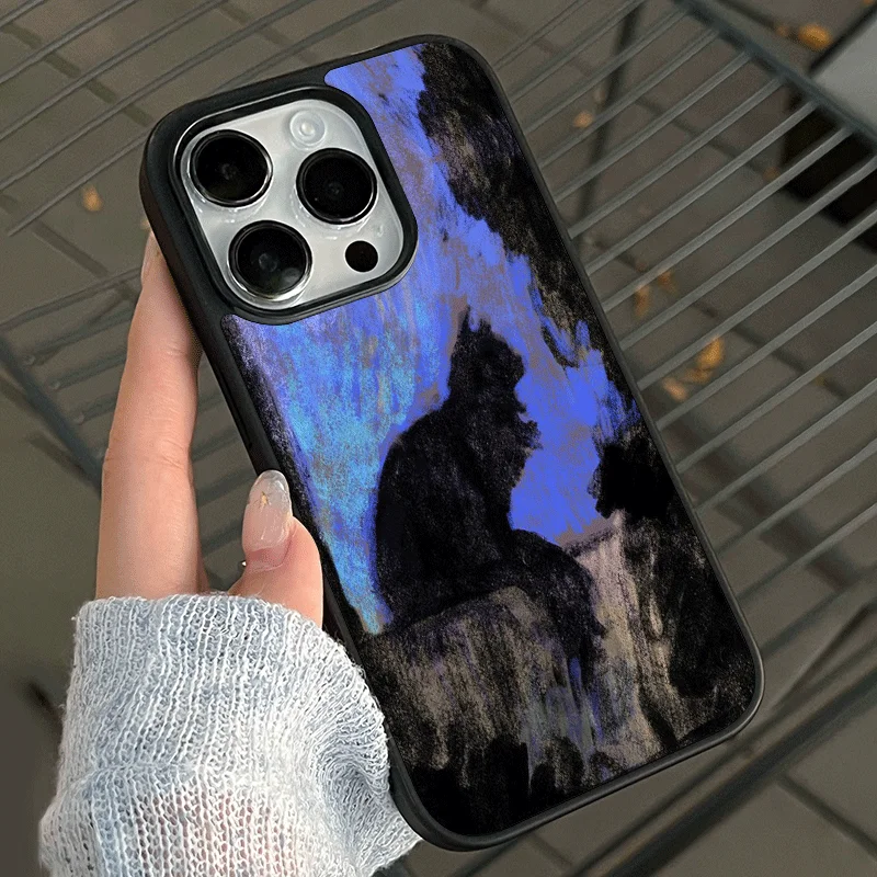 Elegant Dark Purple Cat Oil Painting Phone Case with Black Edging