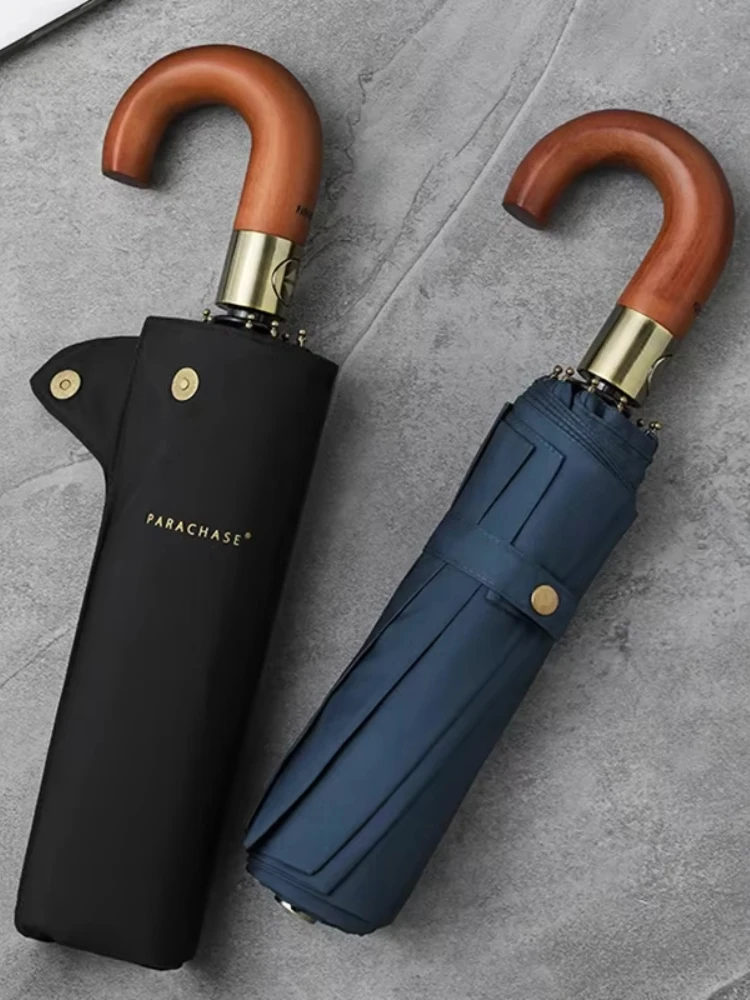 Parachase Luxury Wooden Umbrella Men Business Style Folding Automatic Umbrella Big Size Golf Windproof Strong 10 Ribs