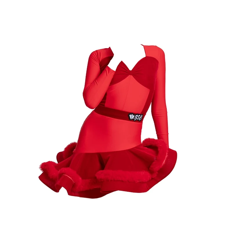 Children Latin Dance Clothing For Girls Red Long Sleeved Split Skirts Practice Suit Professional Chacha Latin Dress DN19123